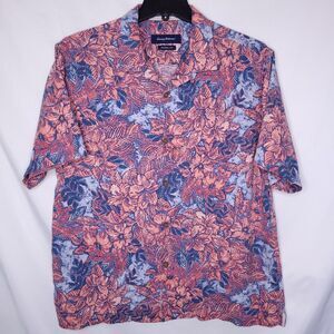 Tommy Bahama Silk Hawaiian Shirt Mens Large Floral Red, Blue Greek Batik Camp
